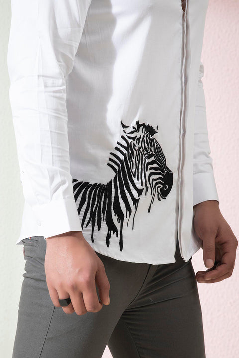 Stan — White Abstract Embroidered Cotton Satin Shirt