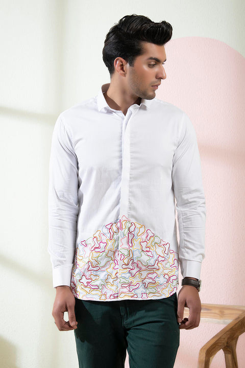 Rainbow — White Multi-Coloured Embroidered Cotton Satin Shirt