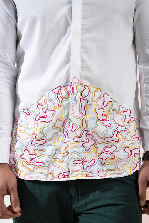 Rainbow — White Multi-Coloured Embroidered Cotton Satin Shirt
