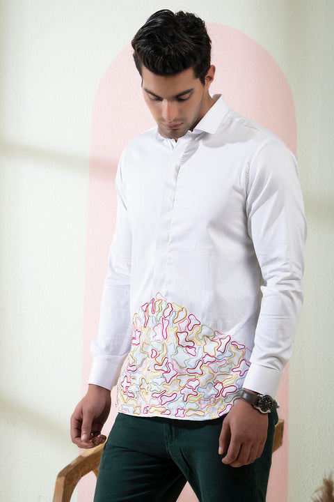 Rainbow — White Multi-Coloured Embroidered Cotton Satin Shirt
