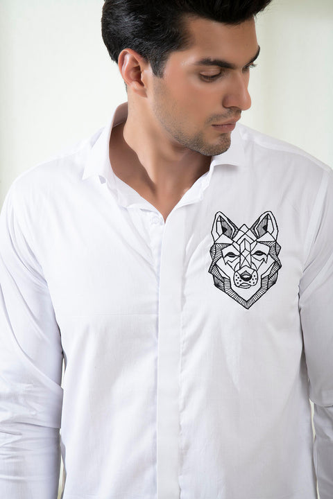 Bianco Wolf — White Wolf Embroidered Cotton Satin Shirt