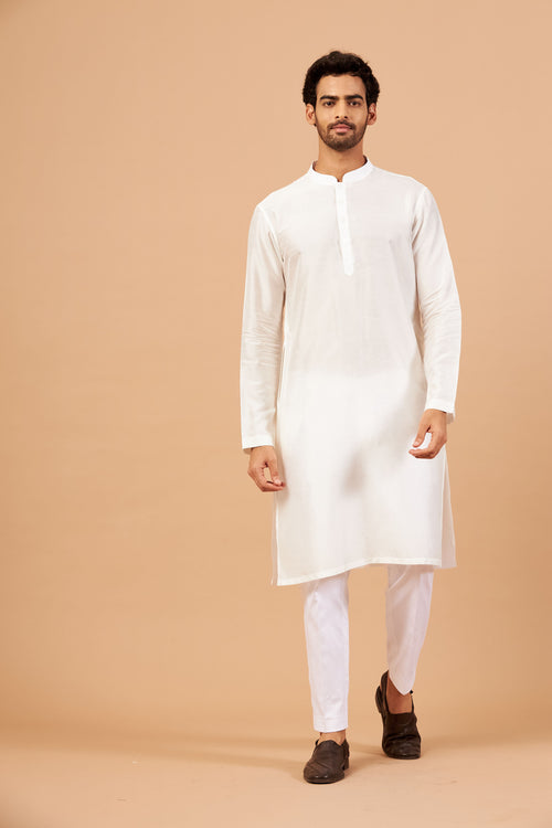 Bright White — Plain Semi Raw Silk Kurta